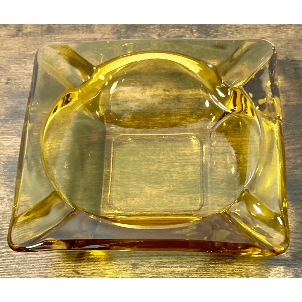 Vintage Mid 20th Century Clear Amber Glass Square Ashtray 6”